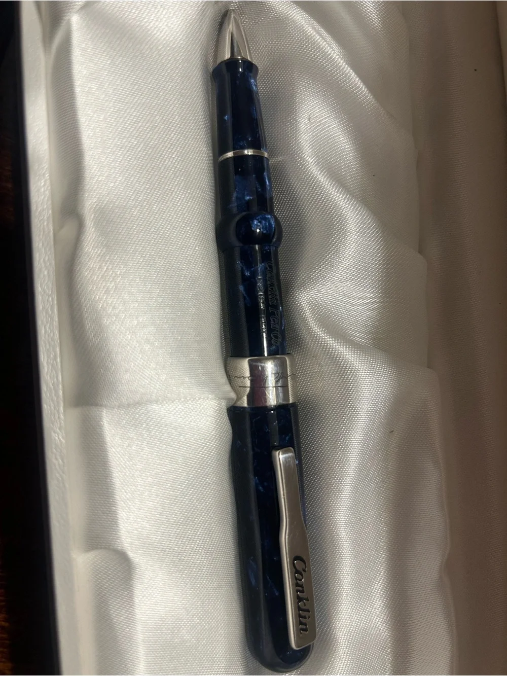 Conklin Mark Twain Crescent Filler Fountain Pen in a blue marbled in Conklin box